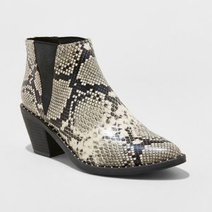 snake print heeled booties